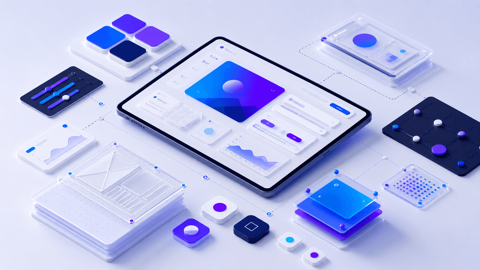 A modular digital product design system arranged around a tablet interface